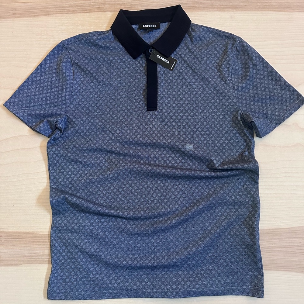 Express Men's Blue Patterned Polo with Black Collar